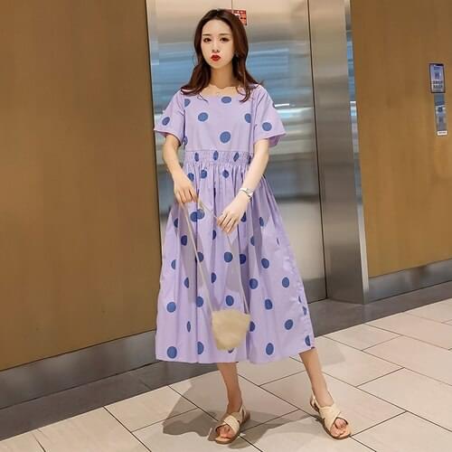 05232# Maternity Clothes Summer Cotton Short Sleeves Loose Stylish Polka Dot Dress Pregnant Women Pregnancy Clothes