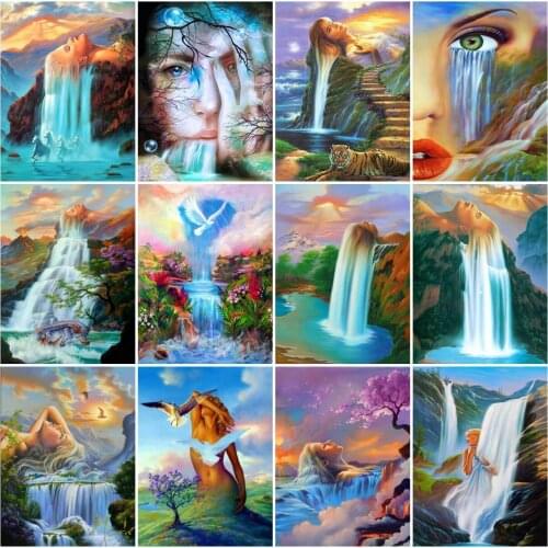 AZQSD Diamond Painting Waterfall 5D Needlework Rhinestone Diamond Embroidery Woman Landscape Cross Stitch Home Decoration