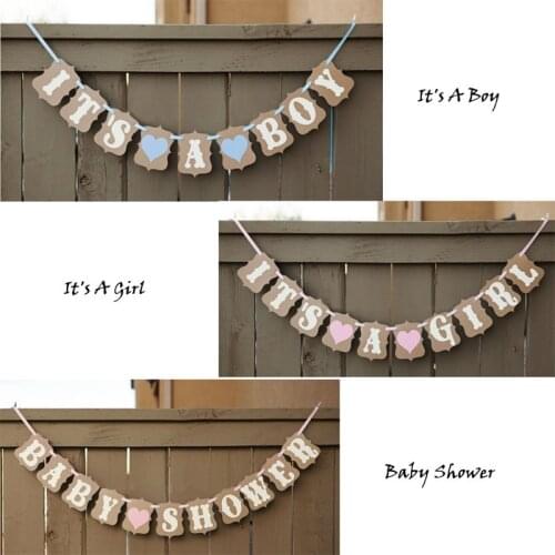 Baby Shower Its A Girl Boy Heart Garland Bunting Banner. Vintage Rustic Party Decorations, Kraft Paper Photo Props. Party Favor