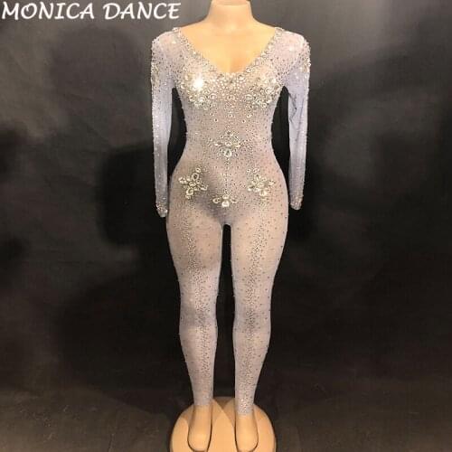 Women Sexy Net Yarn Jumpsuit Big Glass Sparkling Crystals Bodysuit Nightclub Party Stage Wear Dancer Singer Bling Dance Costumes