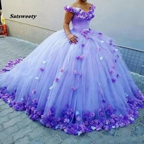 Purple Ball Gown Quinceanera Dresses With Handmade Flowers Off The Shoulder Bridal Dress Long Train Lace Up Back Formal Vestidos