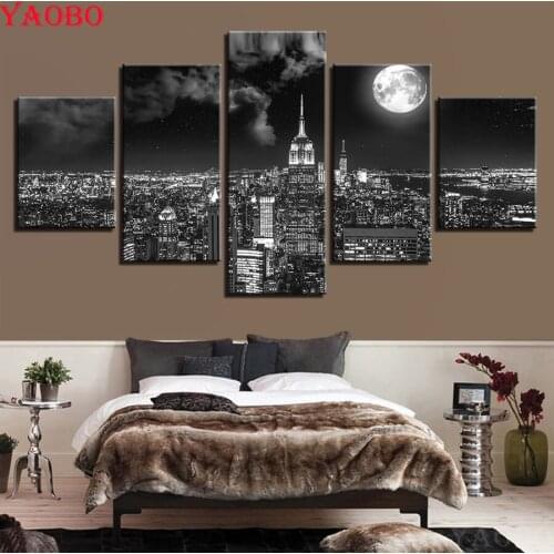 Full Round Diamond Painting 5 Pieces City Night Moon Landscape 5d DIY Diamond Embroidery full square drill,Picture Of Rhinestone