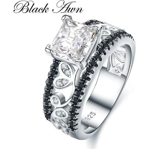 2021 New Arrival Authentic 925 Sterling Silver Women Rings White/Black Zirconia 925 Silver Rings Fine Jewelry Gift Bague C020