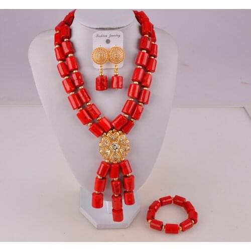 Lovely nigerian wedding red coral beads jewelry set african necklace coral set C21-32-02