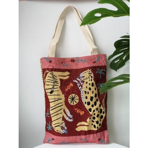 Creative eco bag ins handbag 35X45cm Leopard cartoon image printing handbags illustration canvas bags jacquard shopping bag