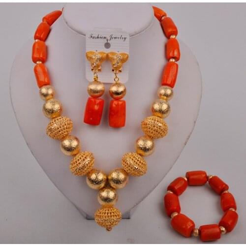 Nigerian Beads Orange Coral Necklace Earrings Bracelet Set African Wedding Bridal Jewelry Sets