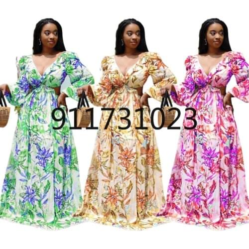 2021 New Summer Sexy African Women V-neck Polyeter Printing Plus Size Long Dress African Dresses for Women African Dress Women