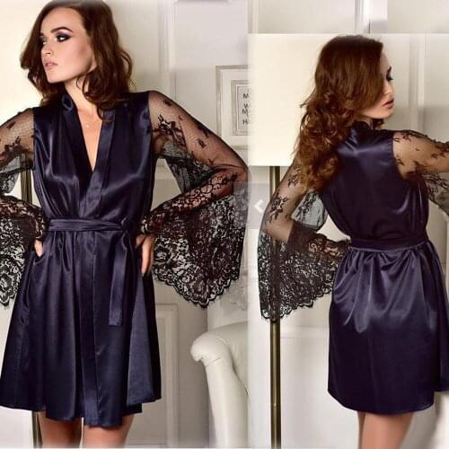 Perspective temptation sexy new European and American sexy lingerie lace long sleeve imitation ice silk pajamas