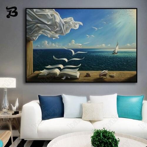 Landscape Oil Painting On Canvas Wall Art Salvador Dali The Waves Book Sailboat Canvas Posters Prints Wall Pictures Home Decor
