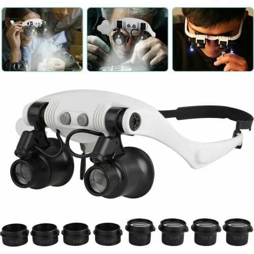 4-Lens Dual LED Head Magnifying Glass Jewelry Watch Repair Tool Magnifier Kit Set 10x 15x 20x 25x