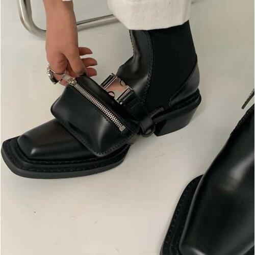 Women Pointy Toe Ankle Boots Belt Purse Pocket Stretchy Socks Tube Shoes Western British Styles Chunky Heel Punk Chelsea Black