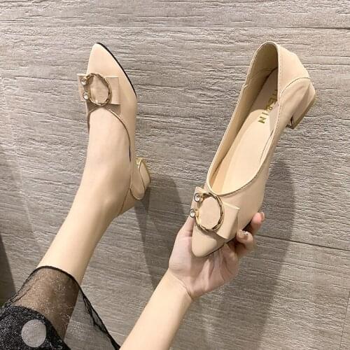 Thick-heeled single shoes women 2020 new autumn mid-low-heeled shallow pointed soft leather Mary Jane retro womens shoes