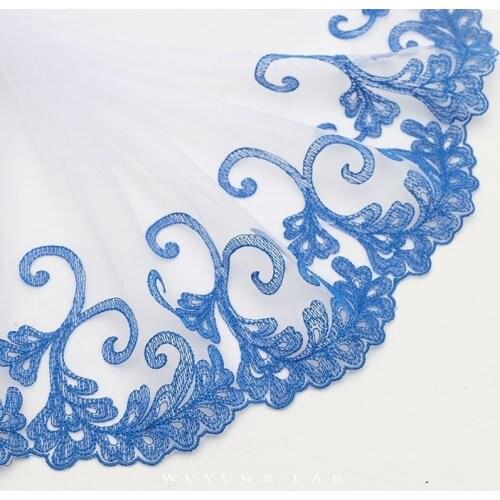 2yards Embroidered Blue White Mesh Lace Fabric DIY Doll Headdress Floral Venise Venice Lace Trim Applique Sewing Craft 20cm