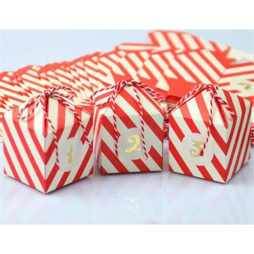 24pcs/lot Red White Stripe Baby Sower Birthday Party Favor Gift Candy Box With Number Sticker And Rope Mini Wedding Candy Boxes