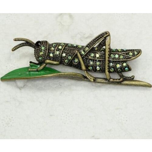 Antique bronze Rhinestone Enamel Grasshopper brooch Pin C892 KB4
