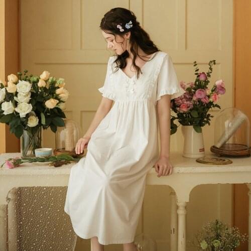 White Nightgown Sleepwear Lady Spring Autumn Short Sleeve Nightdress Loose Women Princess Nightgowns Comfortable
