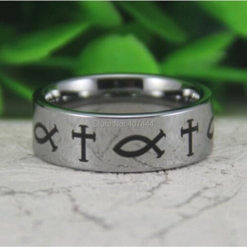Free Shipping USA UK Canada Russia Brazil Hot Sales 8MM Silver Pipe Jesus Fish Comfort Fit Mens Luxury Tungsten Wedding Ring