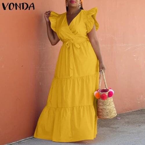 Bohemian Women Long Maxi Dress Summer Sundress VONDA 2021 Vintage Ruffled Party Dress Summer Bohemian Vestidos Femme Robe