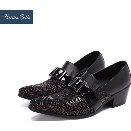 Christia Bella New Increase Height Men Genuine Leather Shoes Pointed Toe Business Formal Shoes Slip on Office Brogues Big Size