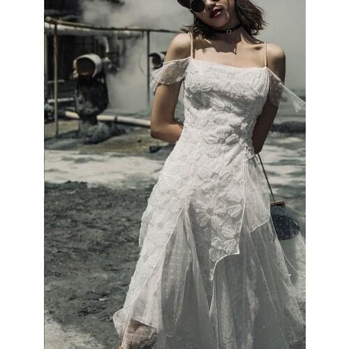 IRINAMS052 Spring Summer 2021 Original Design New Arrivals Pearl Spaghetti Straps Sequined Long Asymmetrical Dress Women