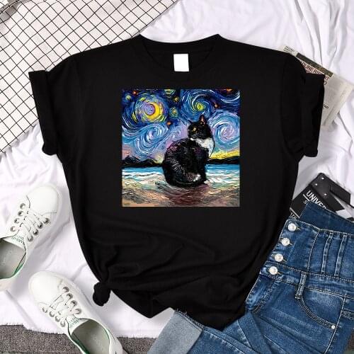 Oil Painting Cat Kawaii Printing Womens Tops Fashion Crewneck T Shirt Brand Summer T-Shirt Pattern Breathable Clothes O-Neck