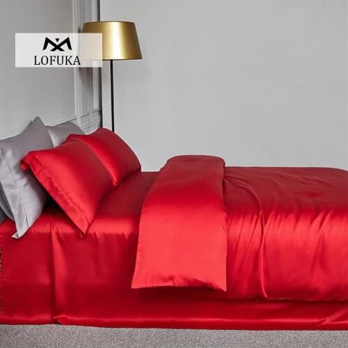 Lofuka Luxury Noble Red 100% Silk Bedding Set Queen King Flat Sheet Fitted Sheet Pillowcase Beauty Silky Quilt Cover For Sleep