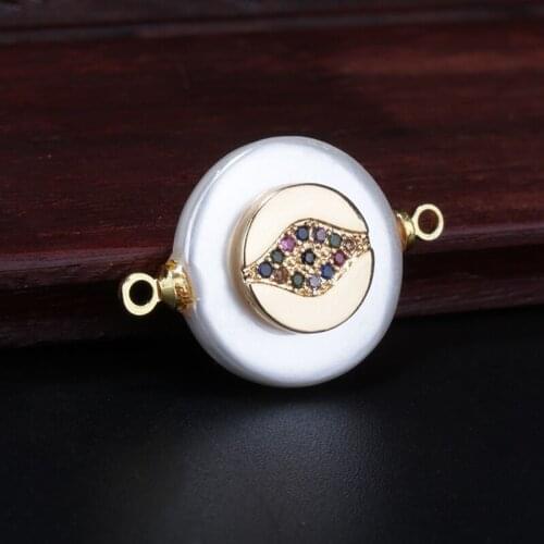 Micro pave white pink blue mixed cz evil eye sign charm round coin pearl bead connector for bracelet women jewelry DIY making