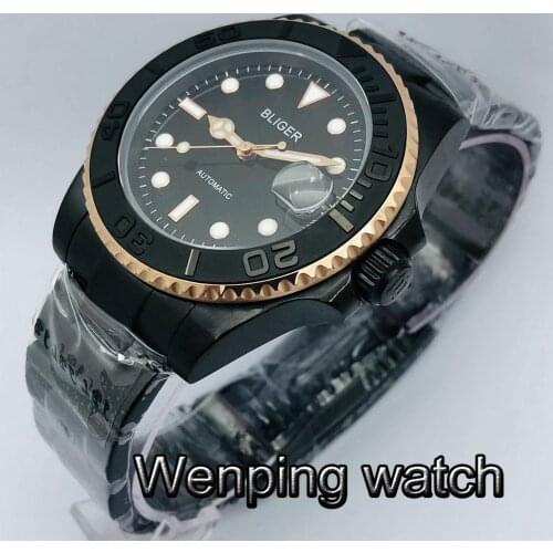 Bliger 40mm Mens Top Luxury Mechanical Watch Black PVD Case Sapphire Glass Luminous 24 Jewelry NH35 Movement Automatic Watch