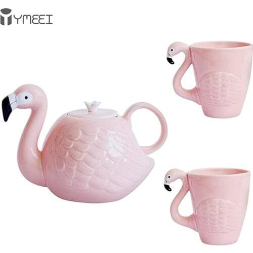 YMEEI Creative Flamingo Teapot Set Ceramic Teapot With Handle Cute Animal Mark Cup Pink Porcelain Tea Pot Teaware Drinking Tools
