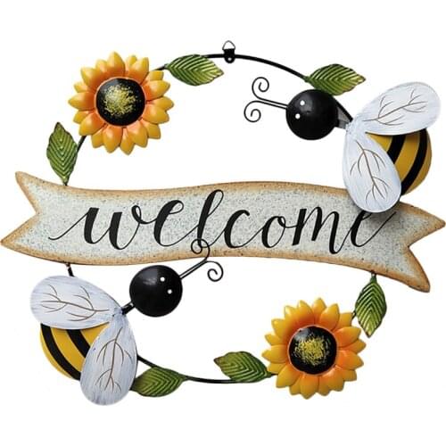 Nflower Welcome Sign Hanging Small Pendant Door Wall Decoration Sunflower House Handcrafts Vintage Little Bee Iron Ornaments