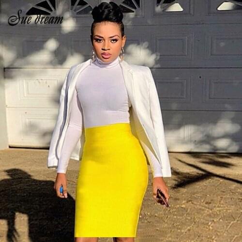 2020 New White Yellow Sexy Girl Wild Bodycon Womens Midi Knee Height Hl Office Pencil High Waist Skirt Bandage Wholesale