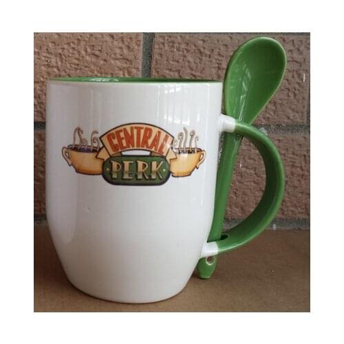 New Quality Friends R-C-J-M-R-P Central Perk Ceramic Coffee Mug Cup With Spoon Light Green Color ---Loveful