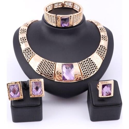 New Indian Jewelry Sets Bridal Wedding Big Purple Gem Crystal Dubai Gold Jewelry Sets for Women Necklace Bangle Ring Earrings