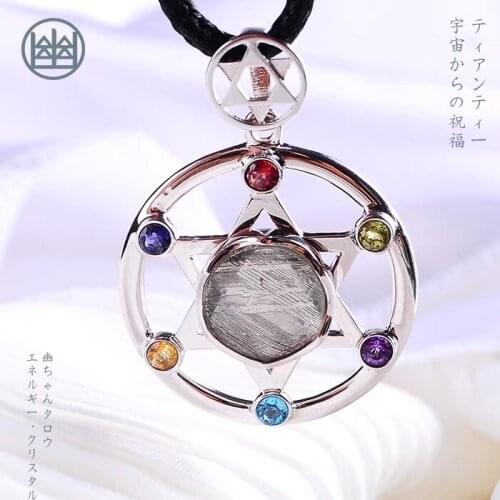 Genuine Natural Gibeon Iron Meteorite Moldavite Women Men Necklace 30x30mm Silver Round Star Carved Gemstone Pendant AAAAA