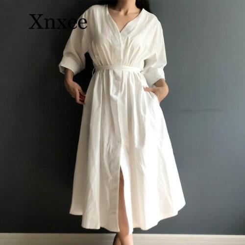 Women Dresses Spring Summer Cotton and Linen Elegant Pleated Long White Dresses V Neck Lace Up Bow