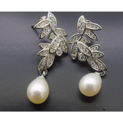 Freshwater Pearl white rice +zircon flower hook nature Earrings Wholesale for women xmas gift