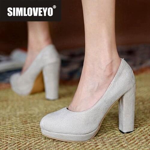 SIMLOVEYO New 2021 Women Pumps Round Toe 10cm Block Heels Bling Slip-On Classic Nubuck Concise Big Size 45 Casual Spring A3812