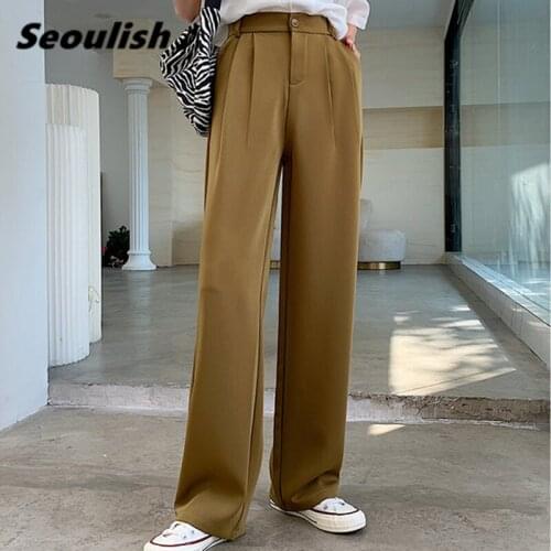Seoulish 2021 New Spring Summer Minimalism Loose Wide Leg Womens Pants High Waist Button Female Elegant Office Work Trousers