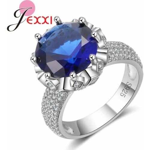 New Stylish Round Blue Cubic Zircon Crystal Ring for Women Wedding Band Fashion 925 Ring Real Silver Female Bague
