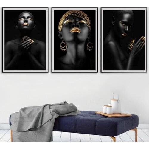 Gold Black Modern Fashion African Girl Wall Art Canvas Painting Nordic Posters And Prints Wall Pictures For Living Room Decor