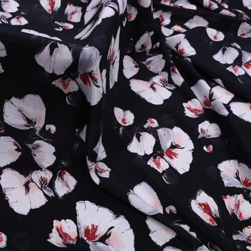 1 Meter X 1.14 Meter Flower Print Black CDC Draped Mulberry Dress Crepe De Chine Silk Fabric