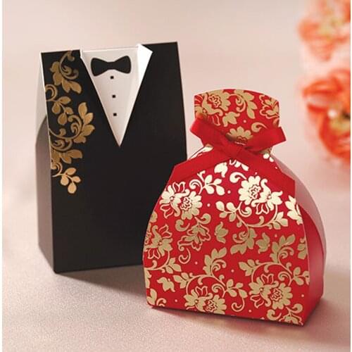 200pcs Wedding Candy Box Red Black Color for Wedding Decorations Bride and Groom Wedding Dress