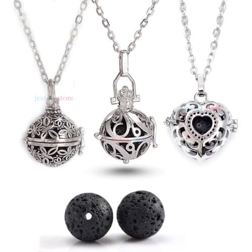 5Pc Antique Silver Color 16mm Lava Stone Aromatherapy Pendant Essential Oil Diffuse Necklace For Jewelry