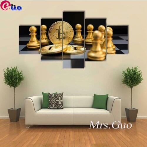 5d DIY Diamond Embroidery Gold Bitcoin and Chess Board 5 Pcs Diamond Painting Full Square/Round Drill Mosaic Wall Art Decor
