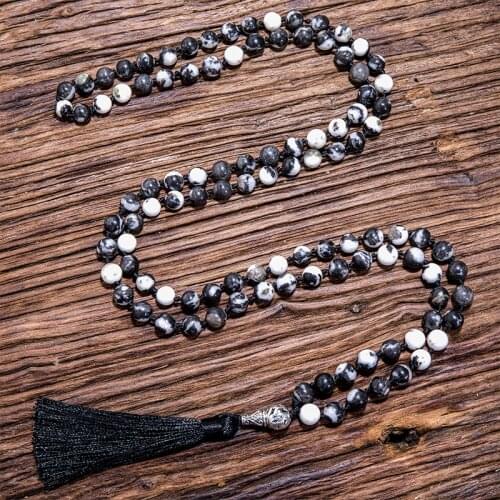 8mm Natural Zebra Stone Beaded Knotted Necklace 108 Japamala Rosary Yoga Blessing Jewelry Tibetan Buddha Head Tassel Pendant