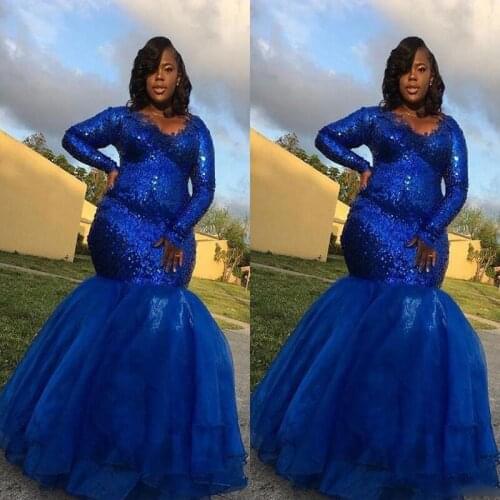 Sparkly Royal Blue Sequin Plus Size Special Occasion Dresses Evening Formal Gowns Long Sleeves Applique Mermaid Party Prom dress