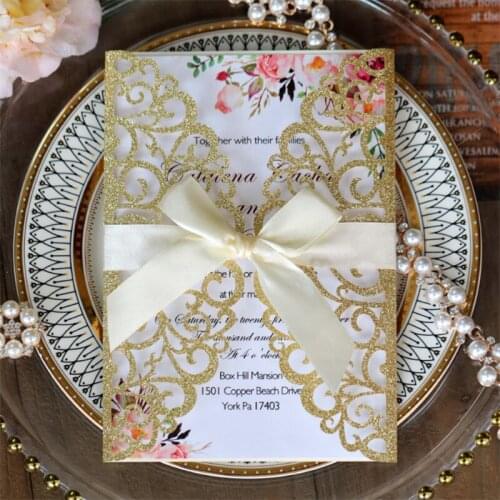 Glittery luxury gold wedding invitations lace laser cutting card party invites customized printing supply