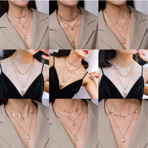 Punk Multi-layer Gold Metal Long Chain Necklace Coin Pearl Moon Star Pendant Women Choker Necklace For Women Jewelry Gift