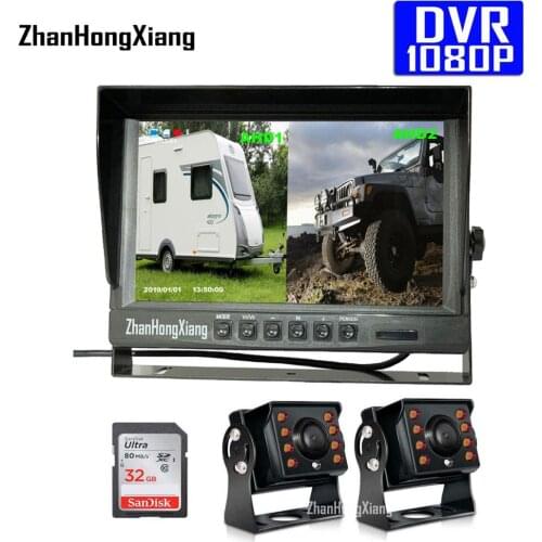 Dual HD 1080P 8LED IR Reversing Backup Camera Kit + 9" IPS Car Rear View DVR Recorder Monitor System For RV Bus Truck 5m/15m
