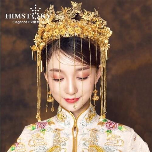HIMSTORY Retro Luxury Chinese Bridal Headwear with Earring Costume Gold Hairpins Long Tassels Brides Wedding Jewelry Accessories